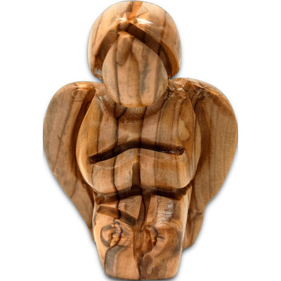 Mini olive wood angel hand carved in Bethlehem, Holy Land, featuring a natural grain praying posture design.