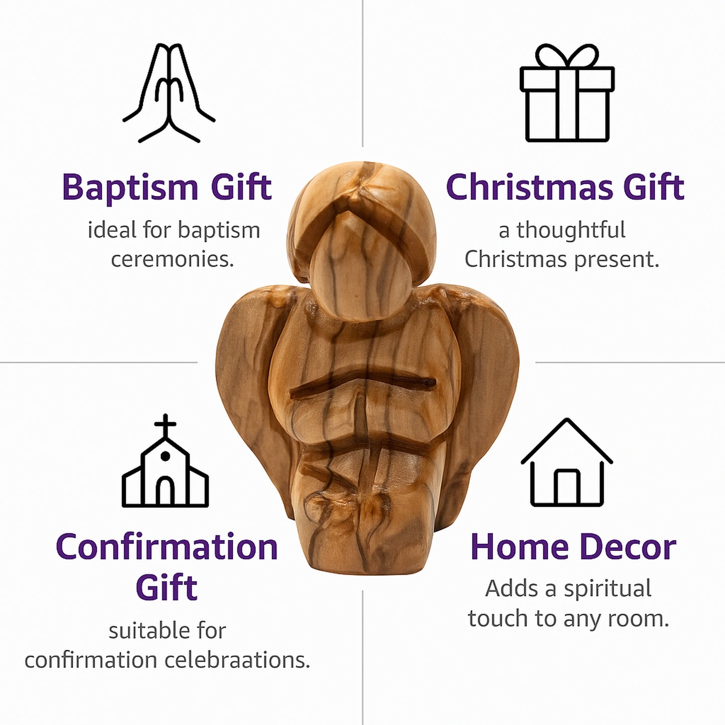 Mini Bethlehem olive wood angel displayed as a faith gift, desk decoration, and nativity accent for religious homes.