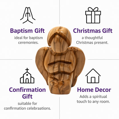 Mini Bethlehem olive wood angel displayed as a faith gift, desk decoration, and nativity accent for religious homes.