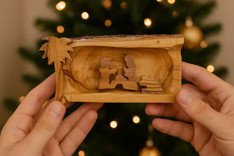 Mini olive wood bark nativity scene from bethlehem – hand carved holy family set nativities