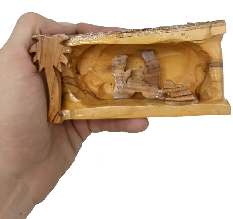 Mini olive wood bark nativity scene from bethlehem – hand carved holy family set nativities
