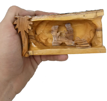Mini olive wood bark nativity scene from bethlehem – hand carved holy family set nativities