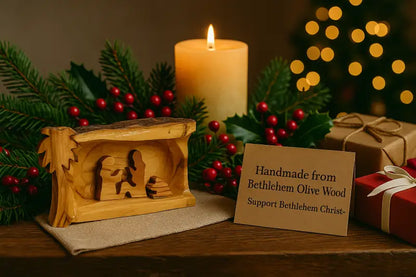 Mini olive wood bark nativity scene from bethlehem – hand carved holy family set nativities