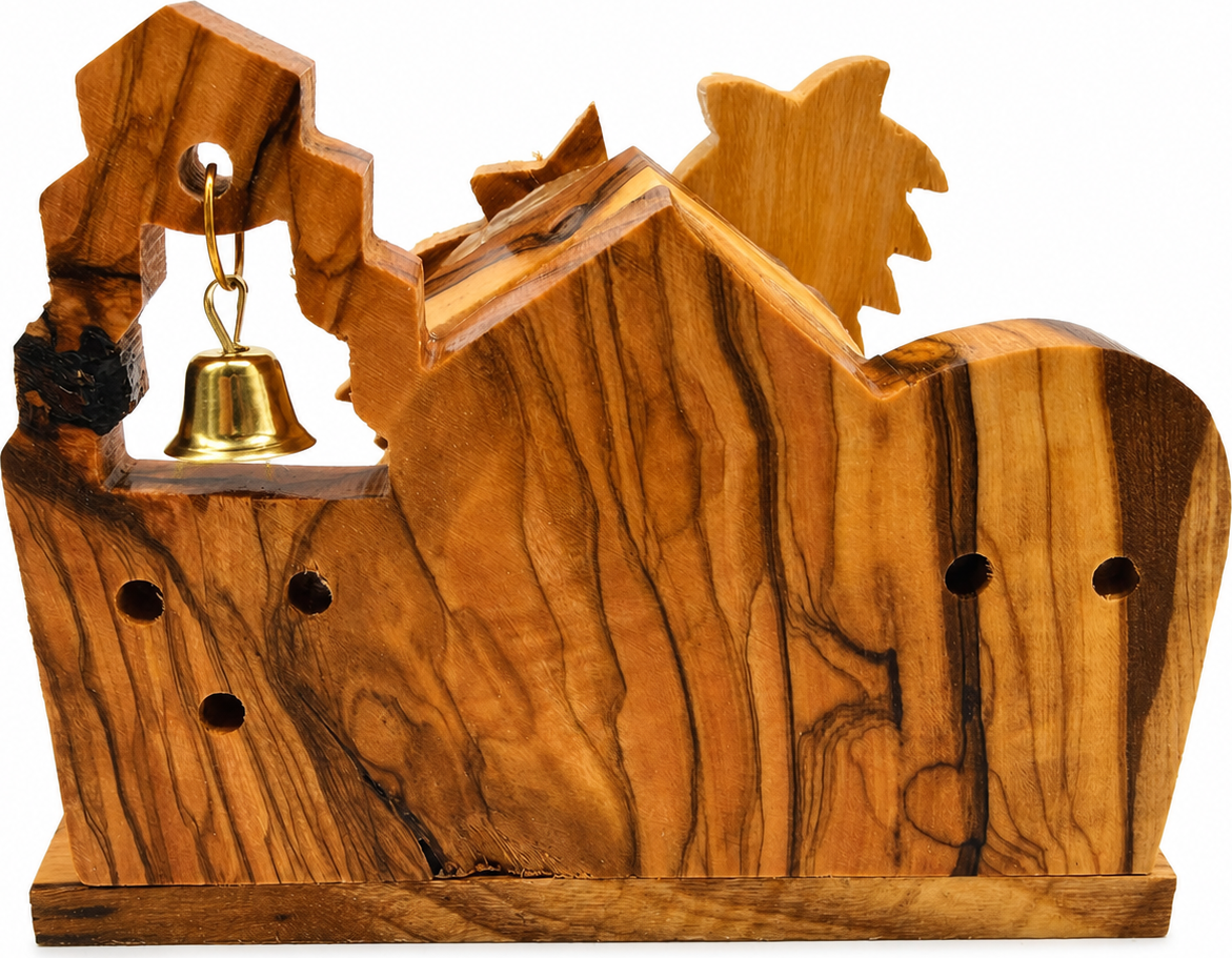 Miniature Nativity Set back view showing the carved reverse side, olive wood from Bethlehem