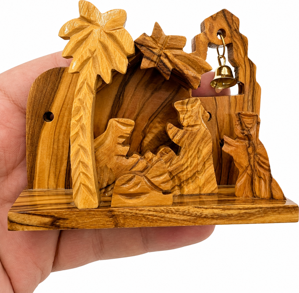 Miniature Nativity Set held in hands to show size, hand carved olive wood from Bethlehem