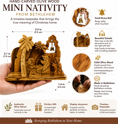 Miniature Nativity Set features, size, and weight infographic, hand carved olive wood nativity from Bethlehem