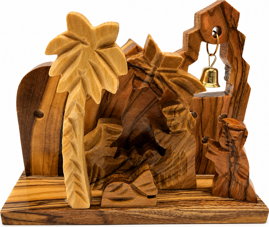 Handcrafted Miniature Nativity Set, Olive Wood Nativity Figures with Brass Bell from Bethlehem, hand carved olive wood from Bethlehem