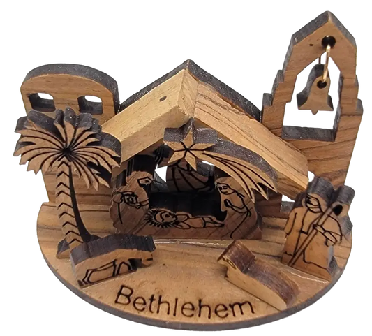 Miniature olive wood nativity scene with bell tower – laser engraved bethlehem souvenir gift box - nativities