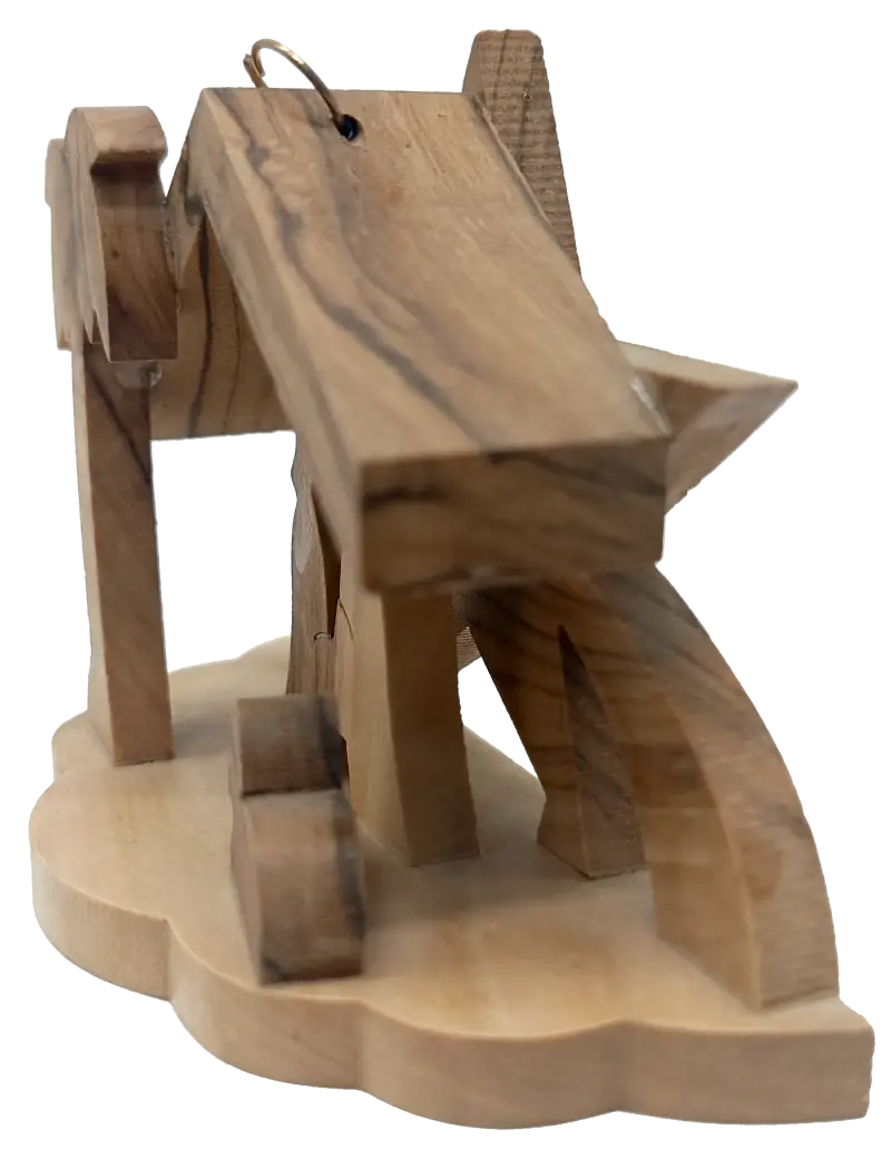 Minimalist olive wood nativity scene from bethlehem – hand-carved holy family under star & palm tree (7x9.5x4 cm 45g)