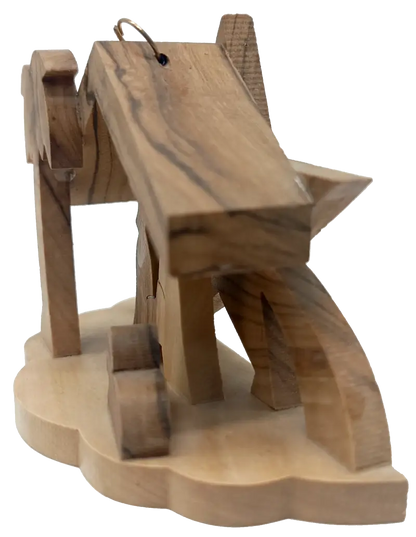 Minimalist olive wood nativity scene from bethlehem – hand-carved holy family under star & palm tree (7x9.5x4 cm 45g)