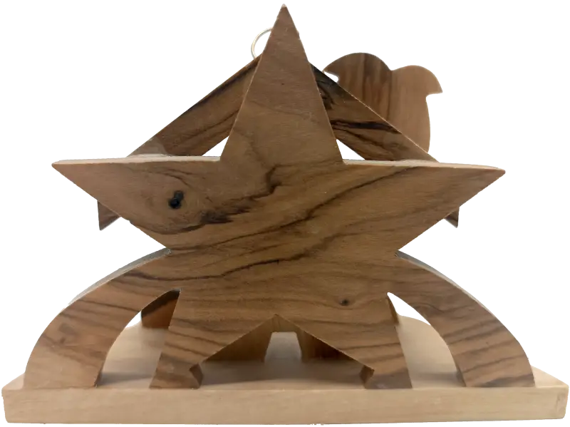 Minimalist olive wood nativity scene from bethlehem – hand-carved holy family under star & palm tree (7x9.5x4 cm 45g)