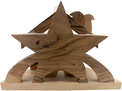 Minimalist olive wood nativity scene from bethlehem – hand-carved holy family under star & palm tree (7x9.5x4 cm 45g)