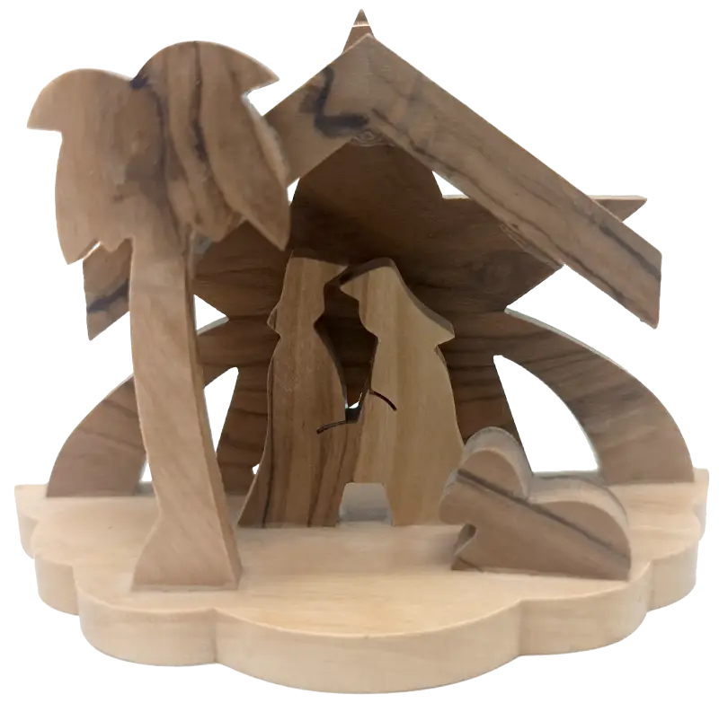 Minimalist olive wood nativity scene from bethlehem – hand-carved holy family under star & palm tree (7x9.5x4 cm 45g)