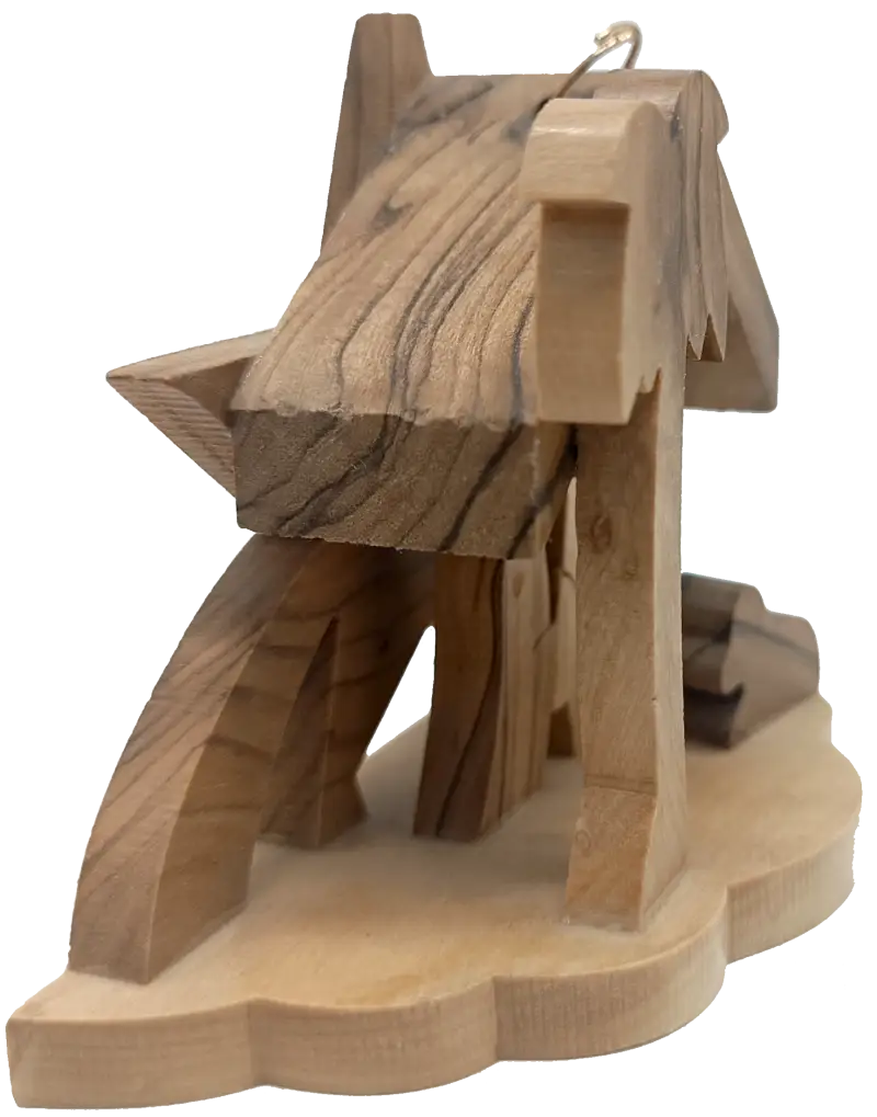 Minimalist olive wood nativity scene from bethlehem – hand-carved holy family under star & palm tree (7x9.5x4 cm 45g)
