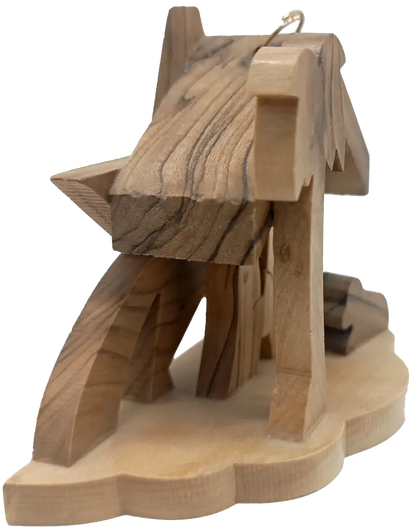 Minimalist olive wood nativity scene from bethlehem – hand-carved holy family under star & palm tree (7x9.5x4 cm 45g)
