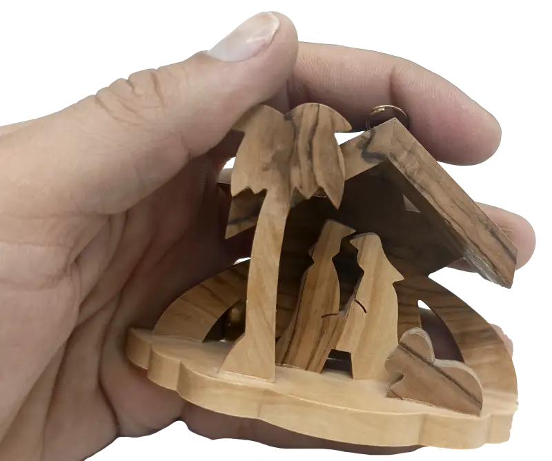 Minimalist olive wood nativity scene from bethlehem – hand-carved holy family under star & palm tree (7x9.5x4 cm 45g)