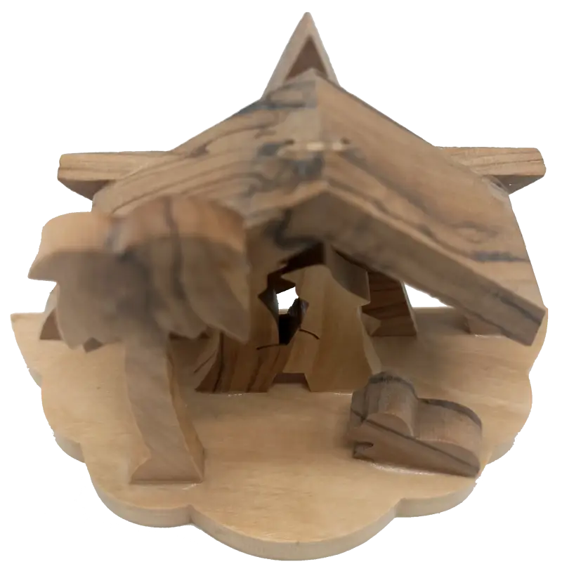 Minimalist olive wood nativity scene from bethlehem – hand-carved holy family under star & palm tree (7x9.5x4 cm 45g)