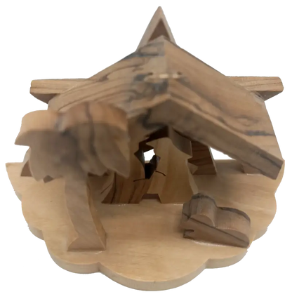 Minimalist olive wood nativity scene from bethlehem – hand-carved holy family under star & palm tree (7x9.5x4 cm 45g)