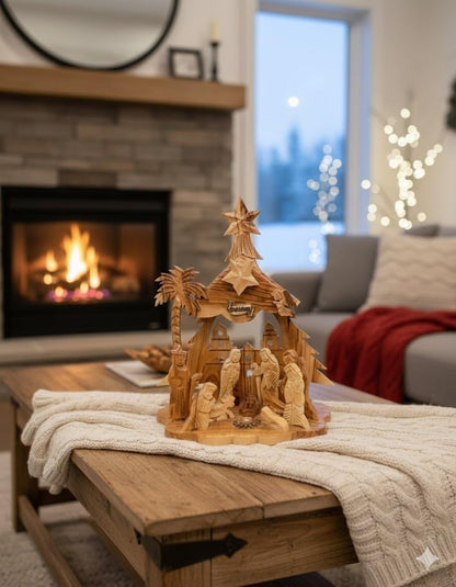 Large Hand-Carved Olive Wood Nativity Scene from Bethlehem – Full Holy Family & Magi Set - Close Up View