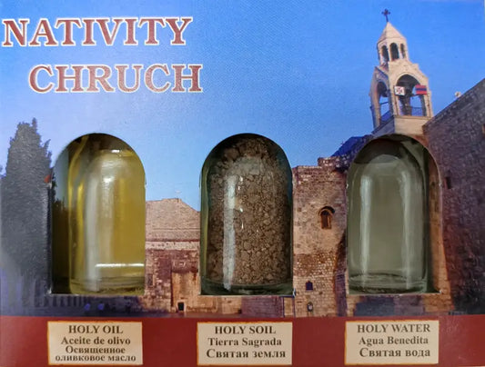 Nativity church holy land 3-piece gift set – blessed oil water & soil | authentic christian souvenir from bethlehem