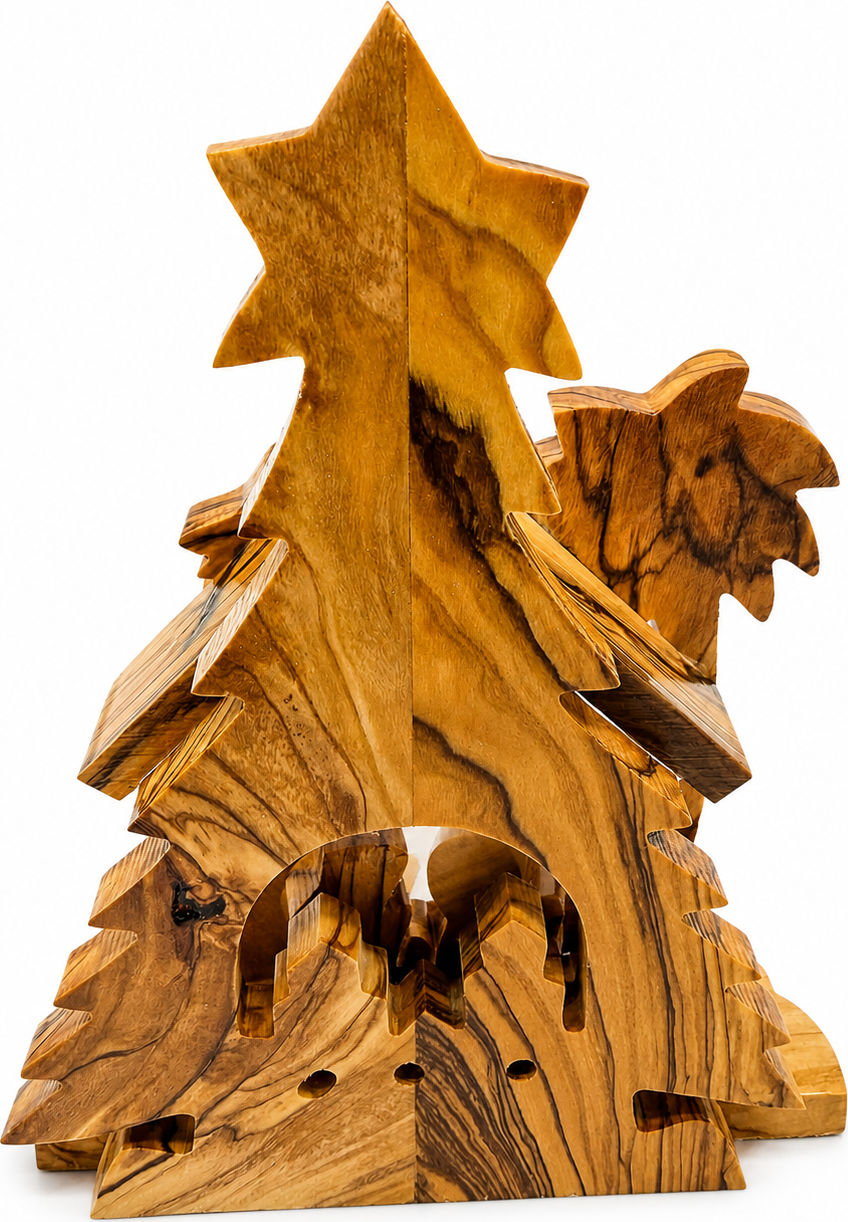 Nativity Stable on a holiday table, hand carved olive wood Bethlehem