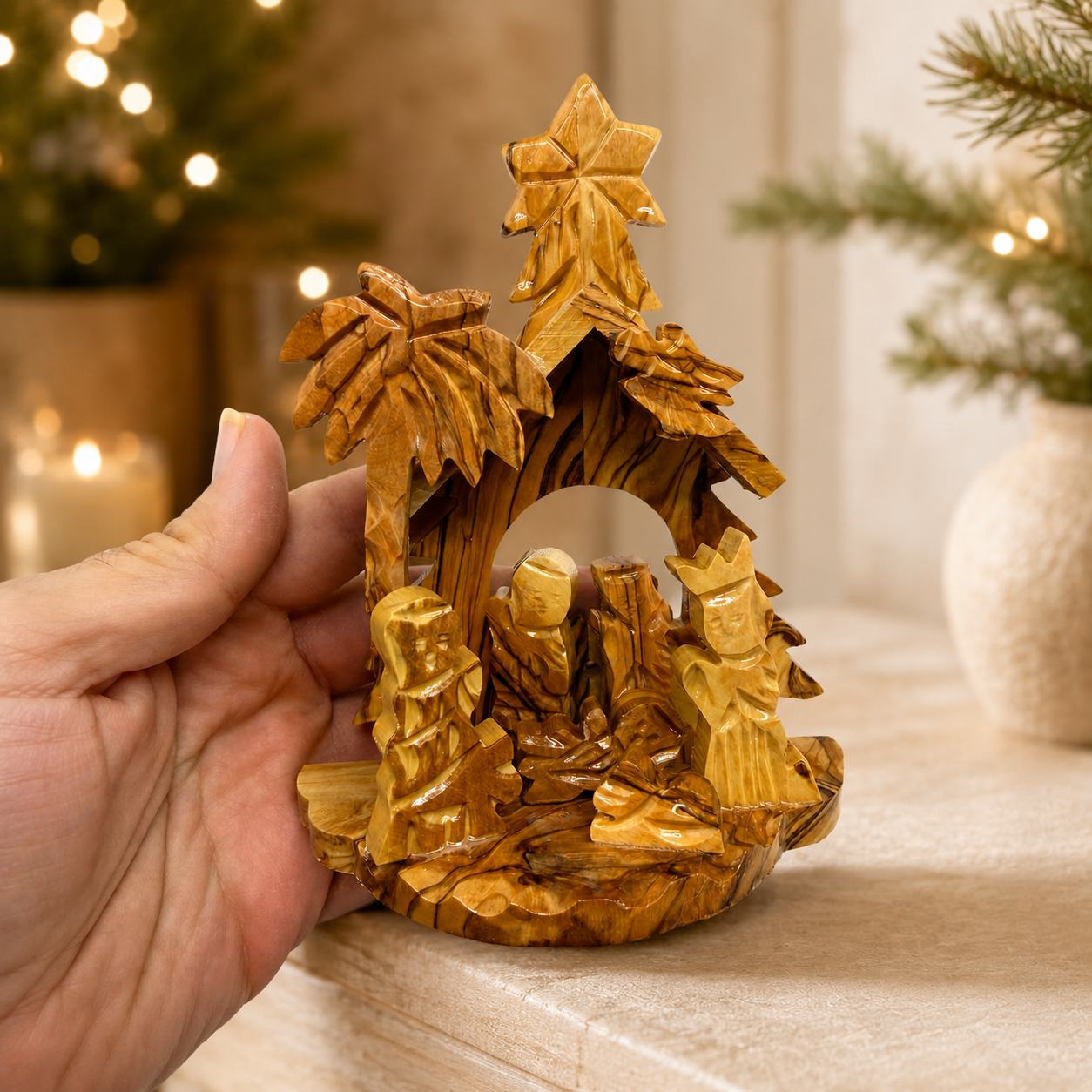 Nativity Stable on a holiday table, hand carved olive wood Bethlehem