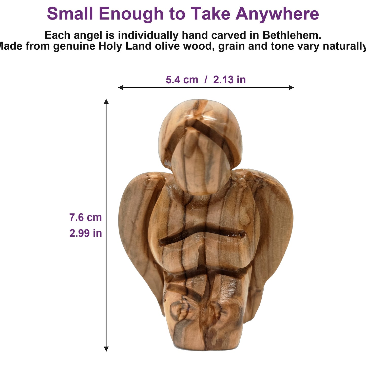 3-inch mini olive wood angel from Bethlehem shown beside a coin to highlight its compact, giftable size.