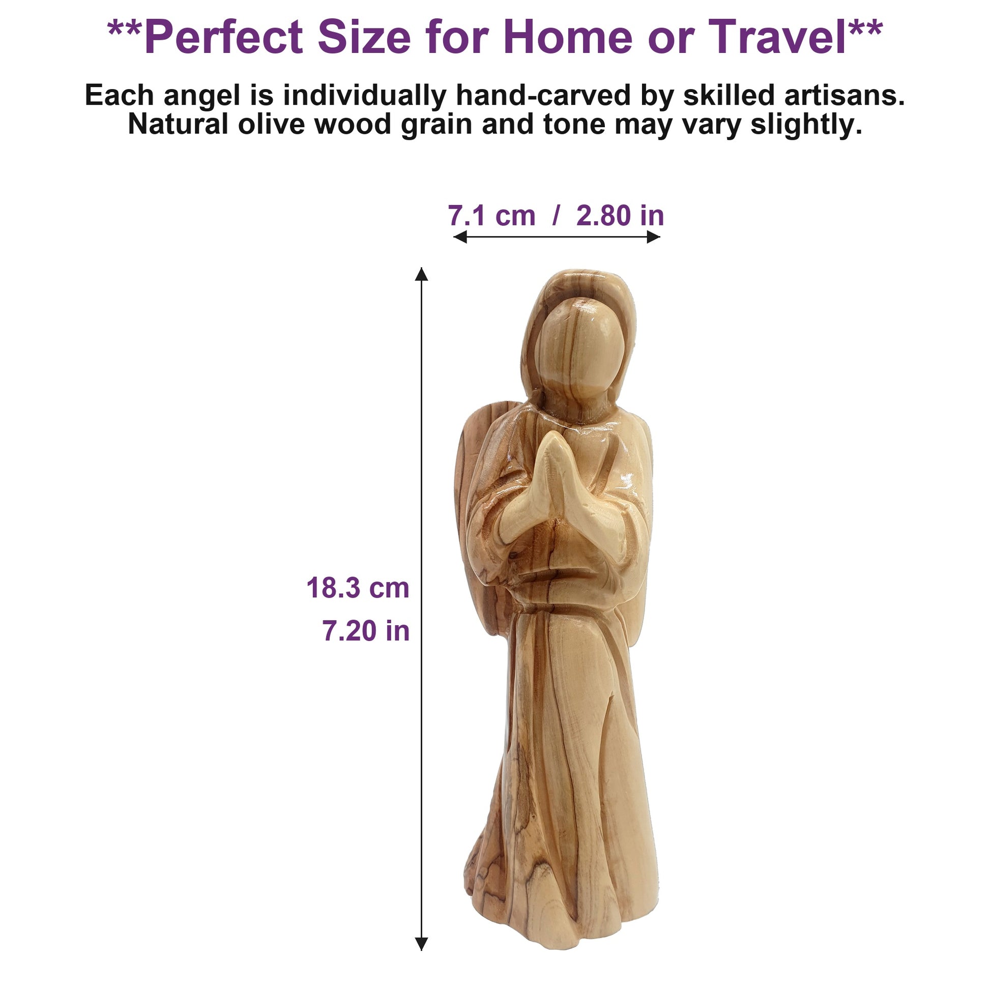 Olive wood angel standing 7.2 inches tall, showcasing its elegant size — perfect for home altars or display shelves.
