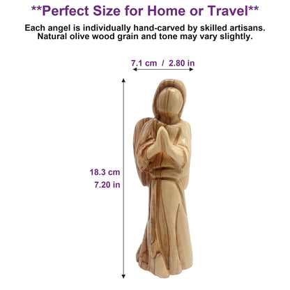 Olive wood angel standing 7.2 inches tall, showcasing its elegant size — perfect for home altars or display shelves.