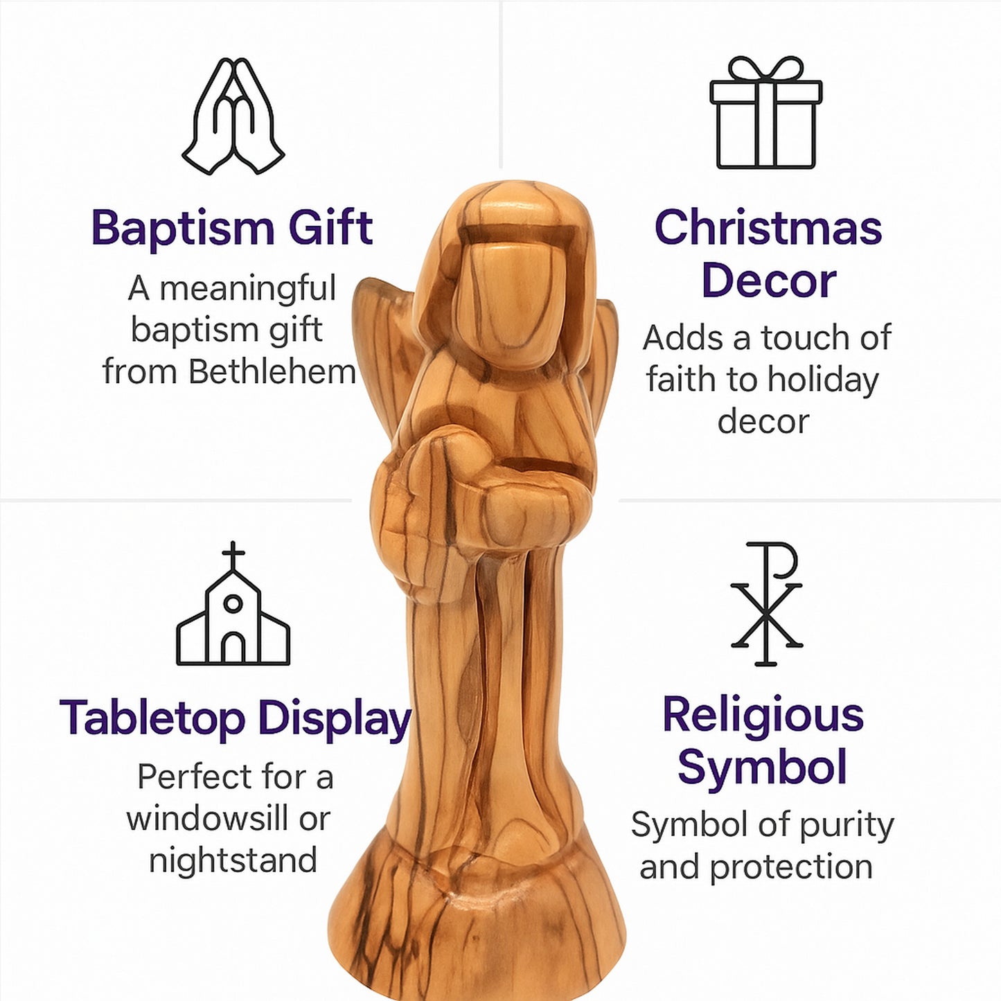Bethlehem olive wood angel figurine displayed as a heartfelt religious gift or faith-inspired home decor accent piece.
