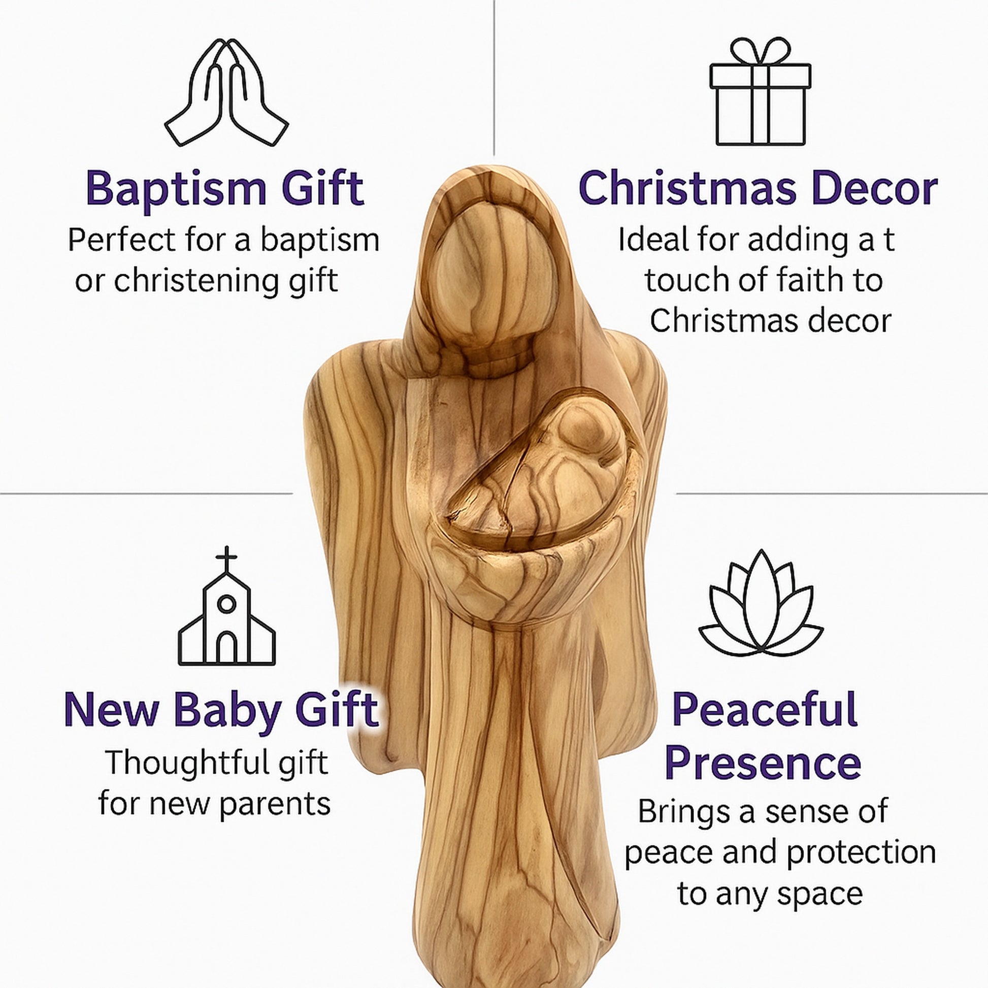 Bethlehem olive wood angel styled as a thoughtful gift and home décor piece, perfect for baptisms, Christmas, or memorial tributes.