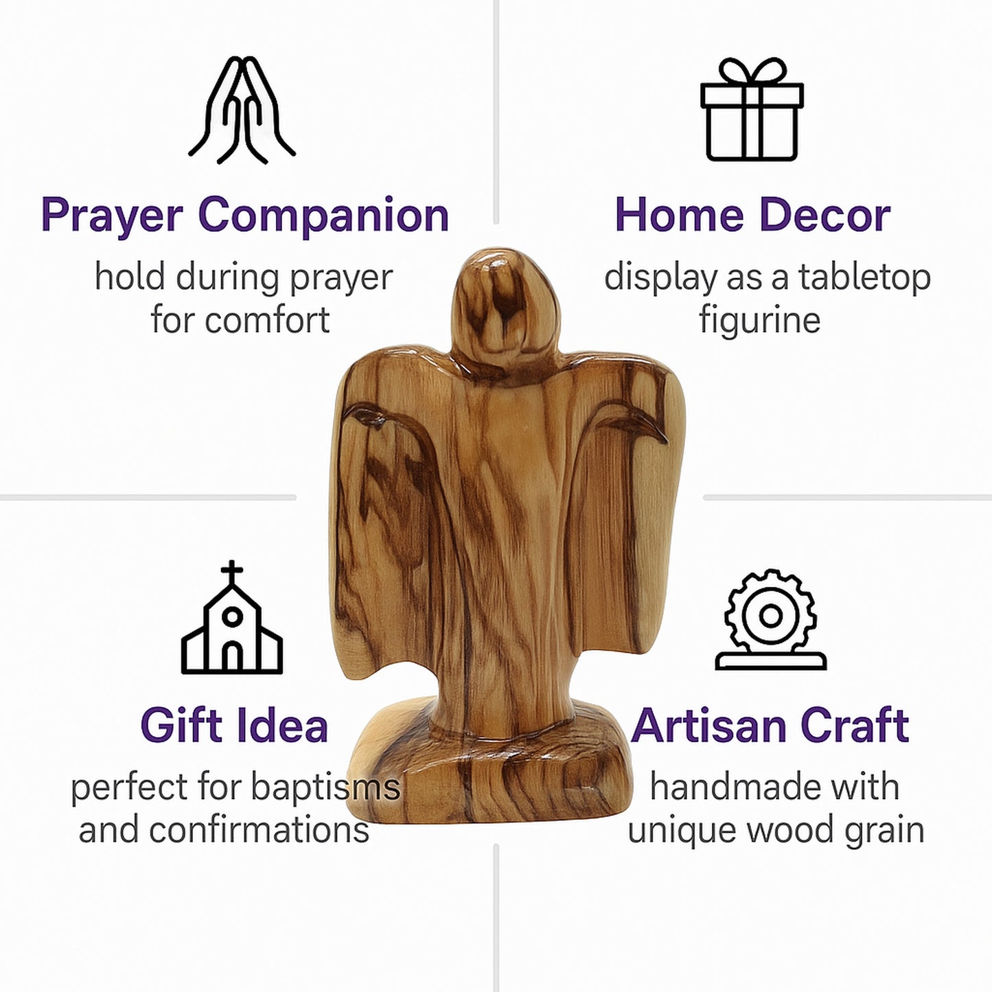 Bethlehem olive wood angel displayed as a meaningful gift, home décor piece, or faith-inspired keepsake.