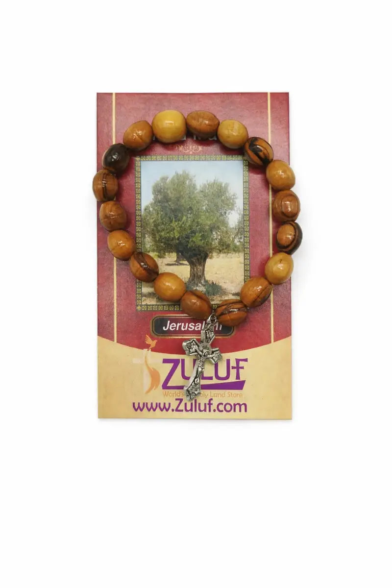 Olive wood bracelet with metallic cross handmade jewelry - 1