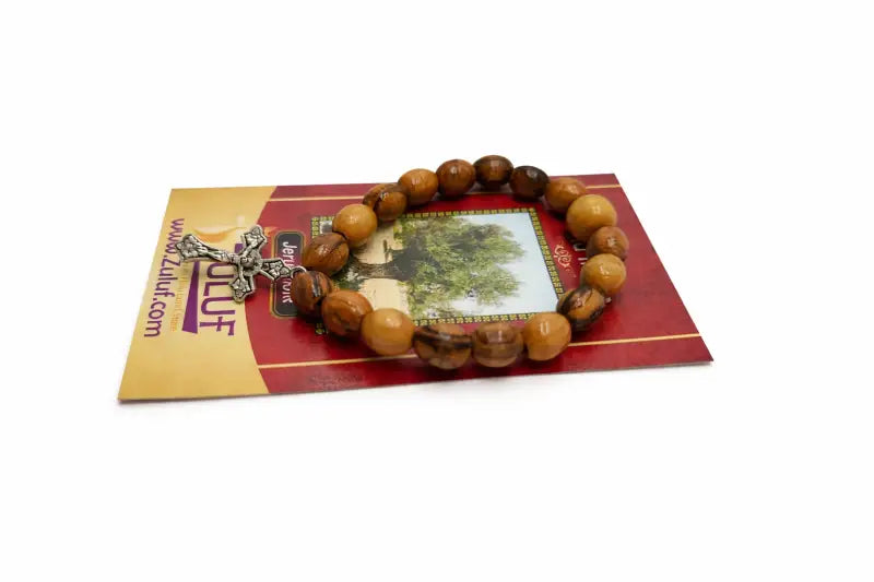 Olive wood bracelet with metallic cross handmade jewelry