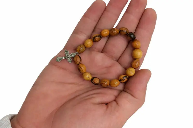 Olive wood bracelet with metallic cross handmade jewelry