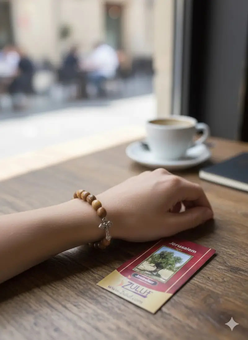 Olive wood bracelet with metallic cross handmade jewelry