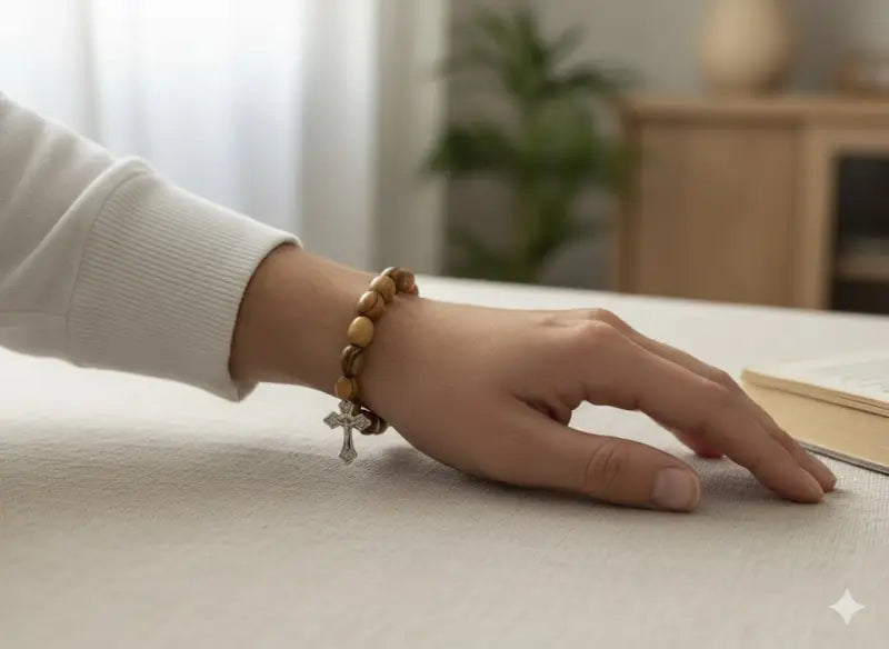 Olive wood bracelet with metallic cross handmade jewelry