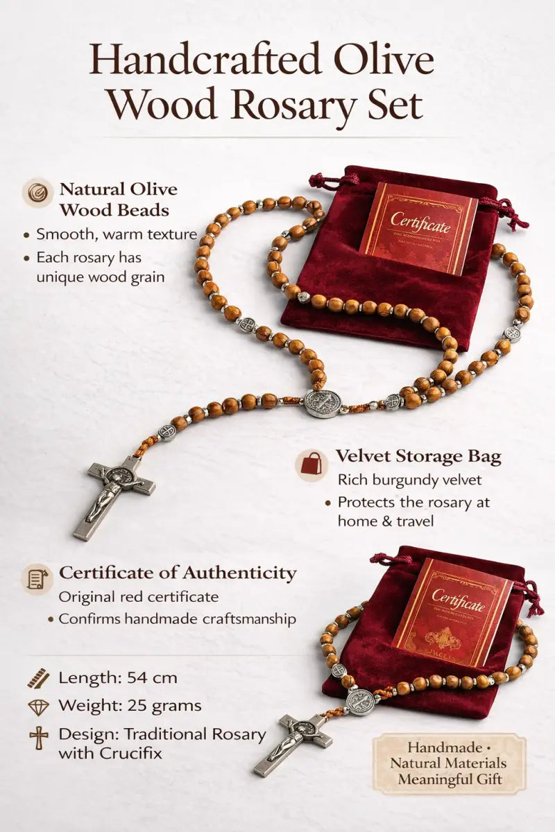 Olive wood catholic rosary 21.2” – handmade in bethlehem saint benedict medal & silver crucifix includes velvet pouch