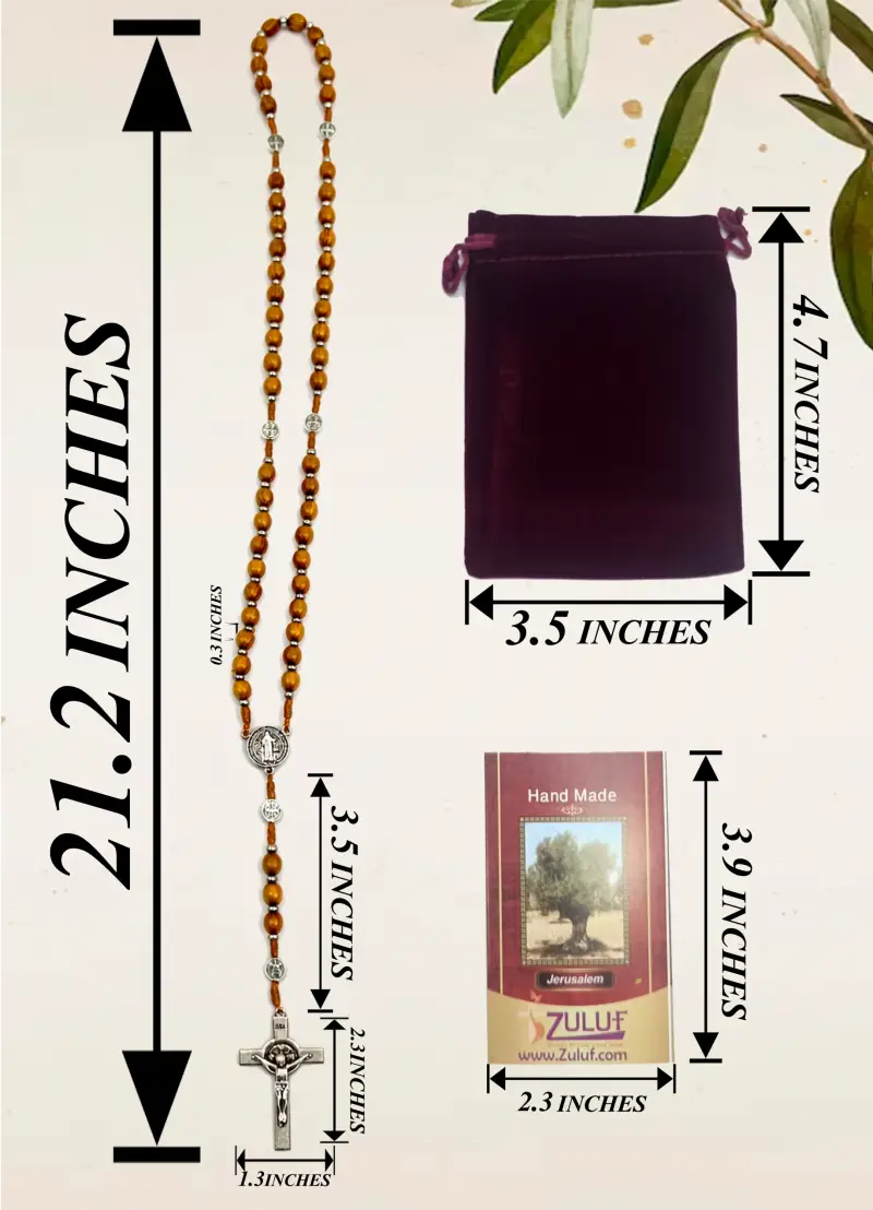 Olive wood catholic rosary 21.2” – handmade in bethlehem saint benedict medal & silver crucifix includes velvet pouch