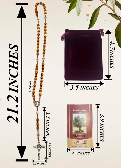 Olive wood catholic rosary 21.2” – handmade in bethlehem saint benedict medal & silver crucifix includes velvet pouch