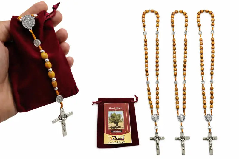 Olive wood catholic rosary 21.2” – handmade in bethlehem saint benedict medal & silver crucifix includes velvet pouch