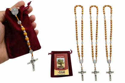 Olive wood catholic rosary 21.2” – handmade in bethlehem saint benedict medal & silver crucifix includes velvet pouch