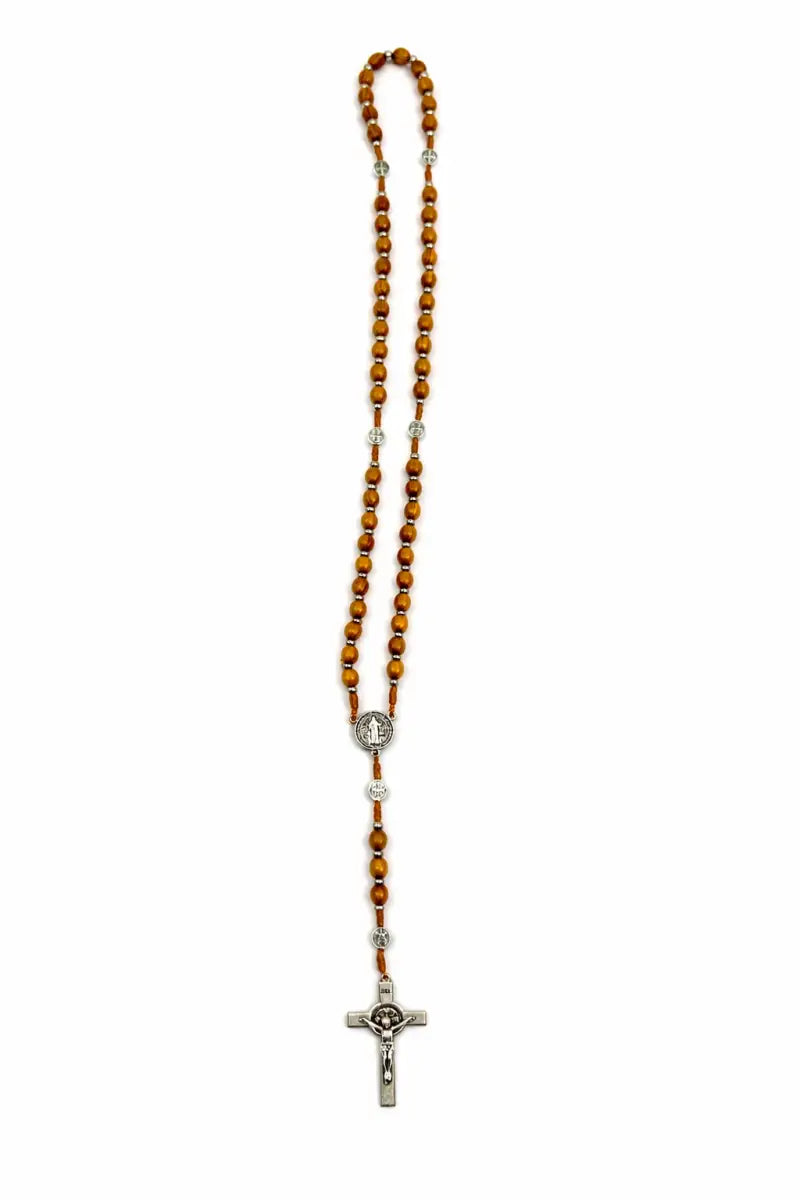 Olive wood catholic rosary 21.2” – handmade in bethlehem saint benedict medal & silver crucifix includes velvet pouch