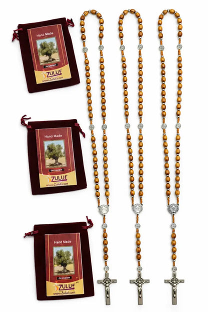 Olive wood catholic rosary 21.2” – handmade in bethlehem saint benedict medal & silver crucifix includes velvet pouch