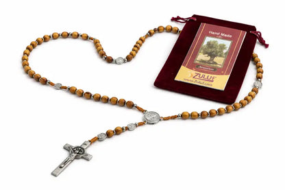 Olive wood catholic rosary 21.2” – handmade in bethlehem saint benedict medal & silver crucifix includes velvet pouch