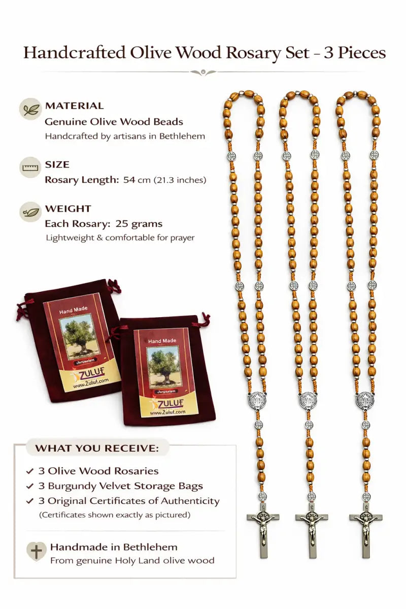 Olive wood catholic rosary 21.2” – handmade in bethlehem saint benedict medal & silver crucifix includes velvet pouch