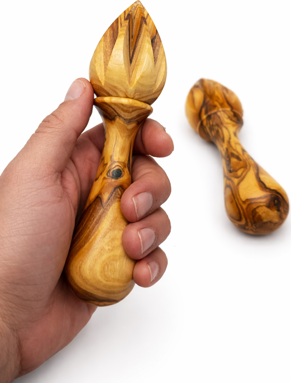 Handmade olive wood citrus reamer from Bethlehem, main product photo, hand carved Christian artisan workshop
