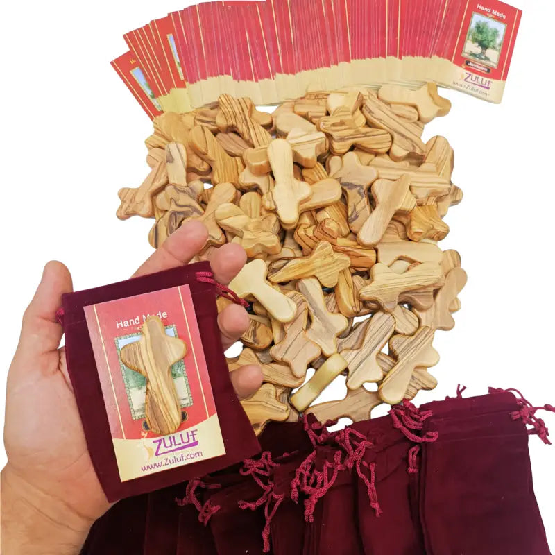 Olive wood comfort cross from bethlehem with gift bags - small hand 2.5’’ / 100 - crosses