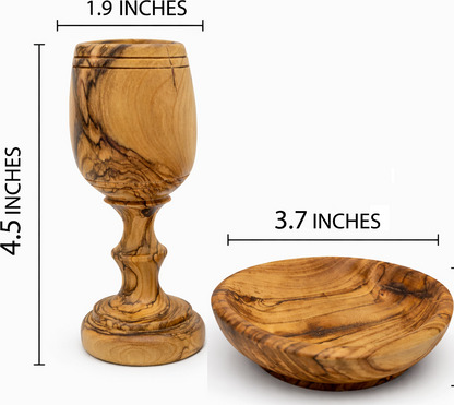 Olive wood olive wood communion cup set in hand size view from Bethlehem Holy Land