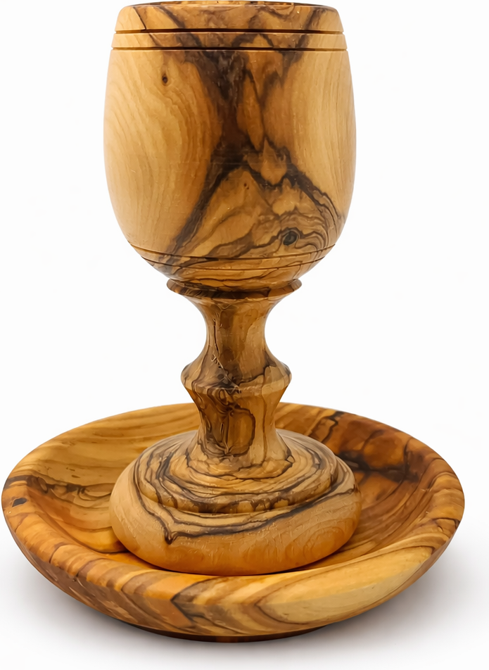 Olive wood olive wood communion cup set lifestyle view from Bethlehem Holy Land